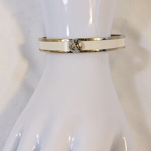 Henri Bendel White Enamel & Silver Rivet Hinged Bangle Bracelet